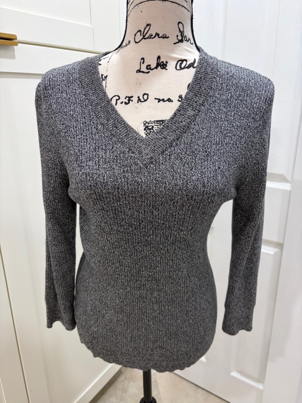 Classic Women's V-Neck Sweater in Navy & White reads as Gray